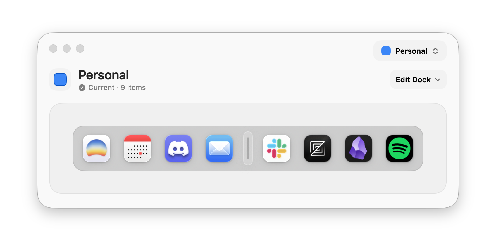 A Dockset profile preview with a narrow spacer between Mail and Slack.